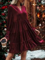 Long Sleeve Christmas Skirt Velvet Cake Dresses With Puffy Sleeves And V-Neck Mini Skirt Elegant Short Dress For Women New Year Party Clothing - Image 5