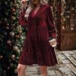 Long Sleeve Christmas Skirt Velvet Cake Dresses With Puffy Sleeves And V-Neck Mini Skirt Elegant Short Dress For Women New Year Party Clothing - Image 8