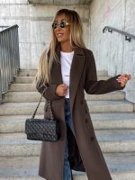 Double-breasted Lapel Split Jacket With Belt Winter Fashion Casual Long Sleeve Button Daily Coats For Women Clothing - Image 2