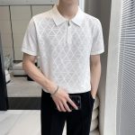 Slim-fit Lapel Rhombus Breathable Hollowed Leisure Top For Men - Image 4