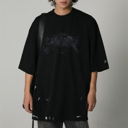 Double Yarn Combed Cotton Rock Print Round Neck Short Sleeve T-Shirt Men