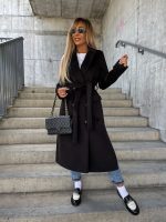 Double-breasted Lapel Split Jacket With Belt Winter Fashion Casual Long Sleeve Button Daily Coats For Women Clothing - Image 9